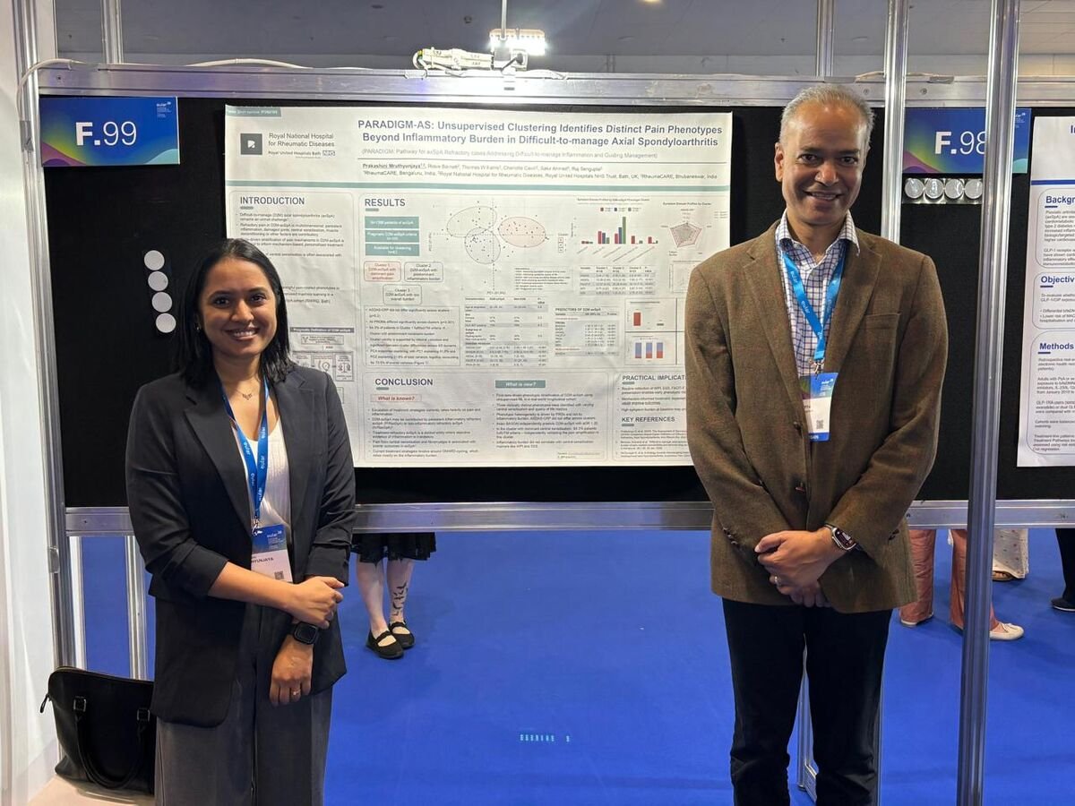 Dr Prakashini presenting her PARADIGM-AS research poster at EULAR 2026 in London